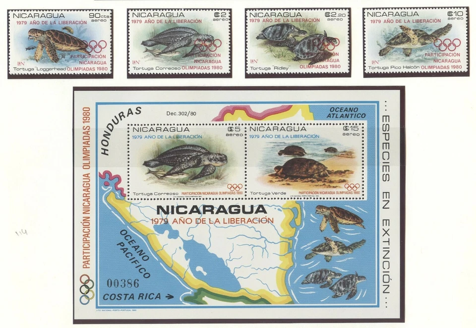 NIcaragua Olympic Games Moscow 1980 Turtles perforated set and block MNH - Image 1 of 1