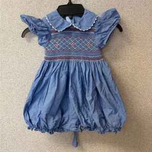 Vive La Fete Kids Girl Size 4 Cotton Fine Hand Smocked Chambray Bubble Romper - Picture 1 of 6