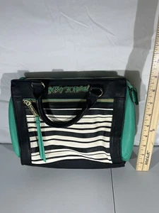 BETSEY JOHNSON BLACK , Teal STRIPED Hand BAG - Picture 1 of 4