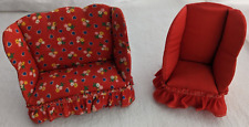 Vintage Dollhouse Red Loveseat & Red Wingback Chair; Padded Fabric w/ Skirt