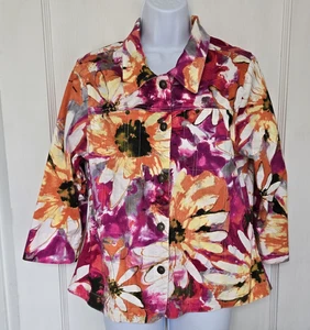 VTG Mirror Image Women's 3/4 Sleeve Denim Jacket Floral Design Fun Artsy Large - Picture 1 of 8