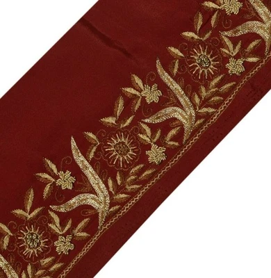 Vintage Sari Border Indian Craft Trim Hand Beaded Embroidered Maroon Ribbon Lace - Image 1 of 4