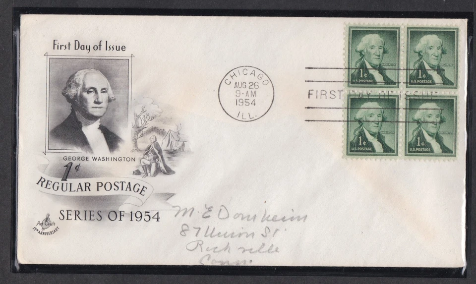 USA 1954 FIRST DAY COVER 1c WASHINTON IN BLOCK OF 4 + CACHET - Image 1 of 1