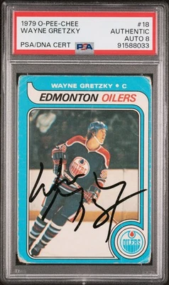 WAYNE GRETZKY SIGNED 1979 O-PEE-CHEE ROOKIE CARD #18 OILERS PSA AUTO 8 RC - Image 1 of 2