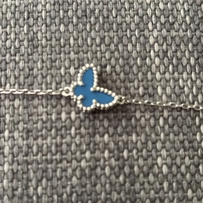 Delicada Pulsera Mariposa, Ágata Azul, Cadena Plata, Asimétrica, Nueva, 6.5" 7.5" Foto 1 de 2