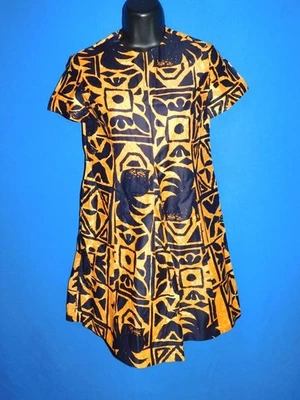 Vintage XS Orange Black Hawaiian Tunic Mini Dress Center Pleat Short Sleeve HI - Image 1 of 4