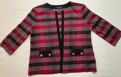 Ming Wang Red Black Knit One Button Knit Cardigan Jacket S - Image 1 of 4