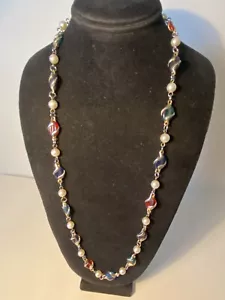 Vintage Gold Tone Multicolored Bead & Faux Pearl Opera Length Necklace 28 Inches - Picture 1 of 3