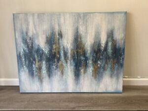 Metallic Gold Aqua White Hues Of Blue Large Abstract Wall Art 40”X30” Painting