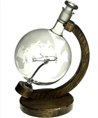 Etched Globe Whiskey Decanter with P-51 Mustang Wood Stand Aviation Vodka Liquor - Image 1 of 4