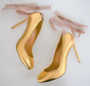 $740 FRANCESCO RUSSO Metallic Gold NAPPA Leather Tie PUMPS Shoes EUR-38 US-8 - Picture 1 of 12