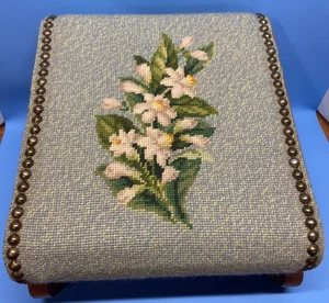 Vtg Wood Footstool Floral Needlepoint Rectangular blue tapered 8.5” x 5.5” tall - Picture 1 of 19