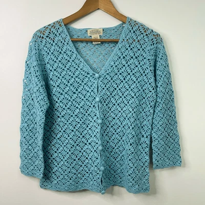 Vintage St John’s Bay Women’s PL Crochet Hand Knit Cotton Pastel Blue Cardigan - Image 1 of 4