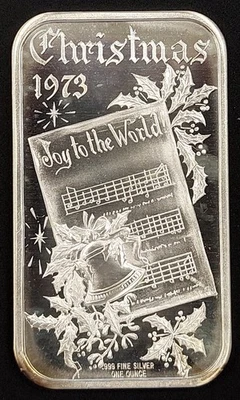 1973 Christmas, Joy To The World, One Troy Oz .999 Fine Silver bar! NO RESERVE! - Image 1 of 4