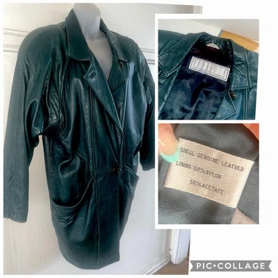 Chaqueta gabardina vintage de cuero BB DAKOTA de los 80 de gran tamaño rara verde bosque-S Foto 1 de 4