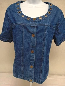 Blair Womens Casual Blue Short Sleeve Top Blouse Large Denim Button Up - Picture 1 of 10