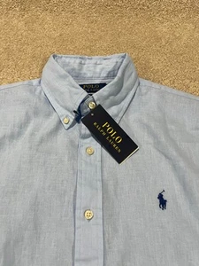 Polo Ralph Lauren Shirt Mens Small Linen Blend Blue Button Down Short Sleeve - Picture 1 of 10