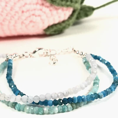 Brazalete de apatita azul, ágata, piedras preciosas de amazonita y plata de ley tamaño 7-8" Foto 1 de 4