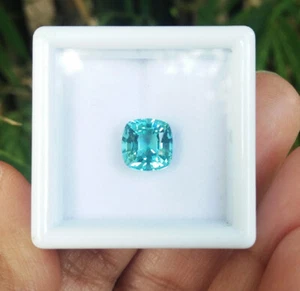 TOP COLOR! 7x7mm. CUSHION NEON BLUISH GREEN PARAIBA TOURMALINE CREATED GEMs_1pc. - Picture 1 of 5