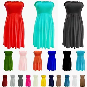 Ladies Strapless Sheering Boob Tube Gather Bandeau Top Summer Mini Dress - Picture 1 of 25