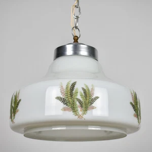 Vintage White Opaline Glass Pendant Light with Leaf Motif 70s - Picture 1 of 10