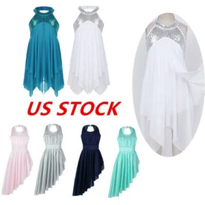 Girls Dance Ballet Dress Lyrical Gymnastics Sequins Long Skirts Kid Dancewear - Picture 1 of 36