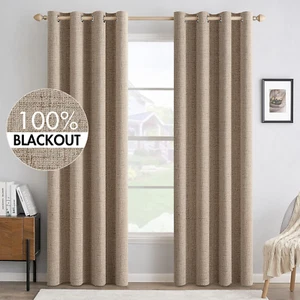100% Blackout Linen Textured Curtains for Bedroom Solid Thermal Insulated Copper - Picture 1 of 8