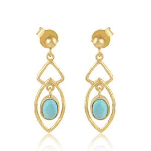 Handmade Yellow Gold Plated 925 Silver Arizona Turquoise Gemstone Earrings - Picture 1 of 3