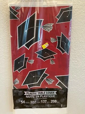 GRADUATION Party School Spirit Red Plastic Border Print Tablecloth 54"x102" - Image 1 of 4