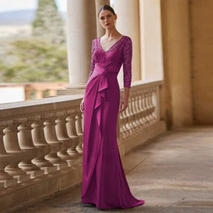 Satin Mermaid Mother of The Bride Dress V Neck 3/4 Sleeve Sequined Pleated Gowns - Picture 1 of 12