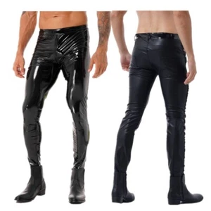 Mens Patent Leather Skinny Trousers Slim Fit Pants Straight Leggings Clubwear - Picture 1 of 43
