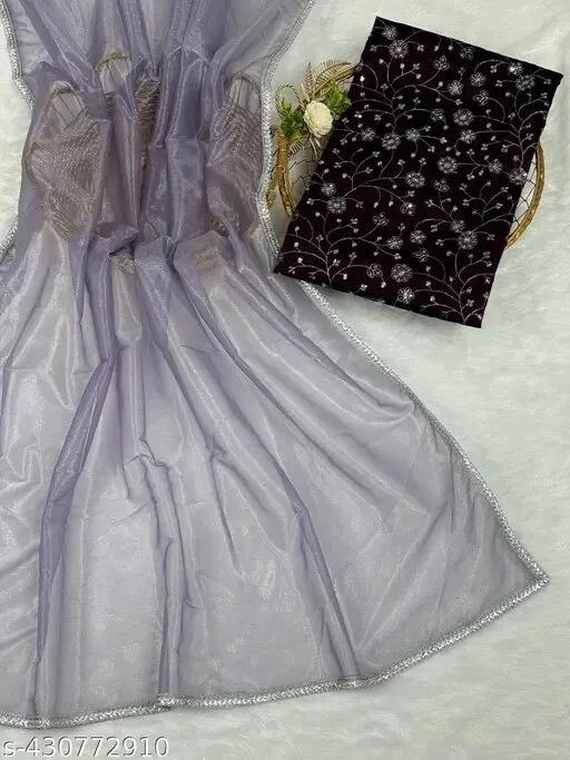 Sari de red de nailon brillante para mujer con pieza de blusa separada Foto 1 de 1