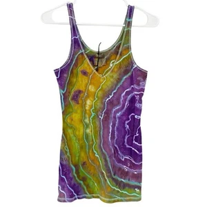 Handmade Geode Tie Dye Tank Top Womens Size Large V Neck Purple Gold Upcycled - Picture 1 of 8