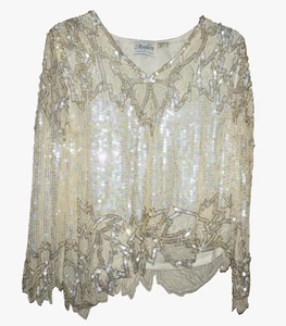 1980's Vintage AVALON Ivory-Cream 100% Silk BEADED & SEQUIN Top MEDIUM - Picture 1 of 20