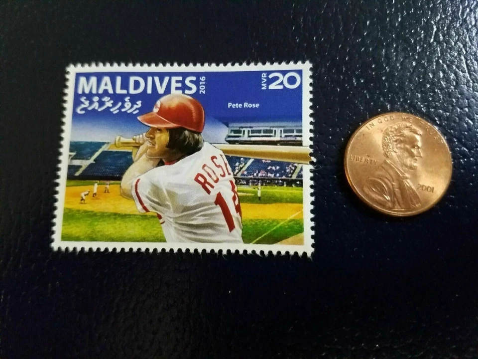 Pete Rose Cincinnati Reds Maldives 2016 MLB Perforated Stamp BIG RED B - Image 1 of 1
