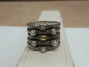 BJO Sterling Silver, Pearl & 18k Gold Stacked Texured Ring - Indonesia - Picture 1 of 7