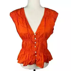 FRAME RUCHED SLEEVELESS V-NECK BLOUSE IN ORANGE CRUSH NWT WOMEN'S SIZE SMALL - Picture 1 of 12