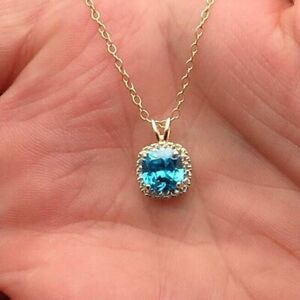 2Ct Cushion Cut Simulated Blue Topaz Halo Pendant 14K Rose Gold Plated Silver