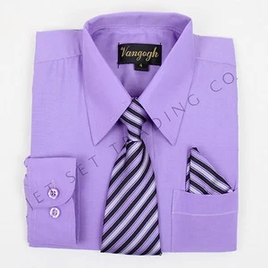 Boys Lilac Dress Shirt V2000 with Matching Tie & Hankie Long Sleeves 4 to 20 - Picture 1 of 6