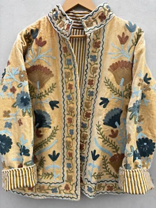 Handmade Velvet Vintage Suzani Short Jacket Coat | Short Winter Embroidered Coat - Picture 1 of 9
