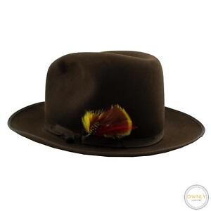 Borsalino Alessandria Brown Felted Flannel Leather Trim Feather Fedora Hat 7 1/4