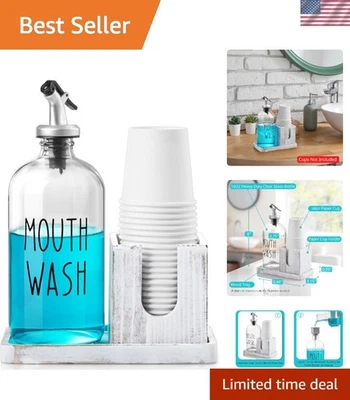 Elegante dispensador de enjuague bucal de vidrio de 16 OZ con soporte y bandeja de madera rústica Foto 1 de 4