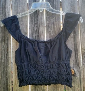 Miss Selfridge Size 6 Black Ruched Smocked Bodice Crop Tank Top Cap Sleeves ASOS - Picture 1 of 12