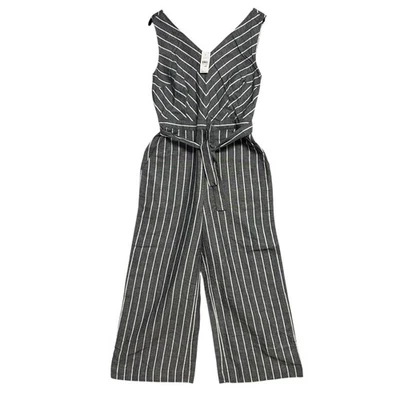 NWT LOFT Linen Blend Tie Front Wide Leg Gray CroppedJumpsuit Romper Women Size 4 - Image 1 of 4