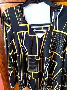 Women's NWT's Bali Black/Gold Geometric Print V-Neck Long Sle. Polyes.Shirt,Sz M - Picture 1 of 11