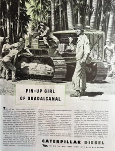 1944 Caterpillar Diesel Segunda Guerra Mundial Ganar Pin Up Girl Guadalcanal Bonds Anuncio impreso de colección - Imagen 1 de 1