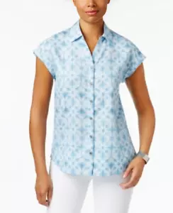 Style & Co Short-Sleeve Printed Button Up Shirt Women's M Ride Dye Blue Collared - Picture 1 of 17