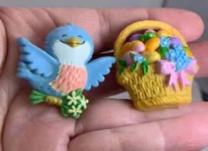 Lot of 2 Mix Easter Basket Bird HALLMARK  Vintage Resin Brooch Pin M-2504 - Picture 1 of 3