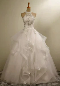 Vintage Wedding Dresses Beaded Halter Neck Sleeveless Ruffles A Line Bridal Gown - Picture 1 of 7