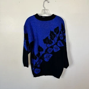 Vintage 80's Black Red Rose Metallic 100% Acrylic Pullover Sweater Women's - Picture 1 of 6